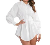 Vestido de mujer genérico plisado cintura entallado manga larga camisa sexy corta estilo chic perfecto salidas casuales corte elegante vestido corto de ciudad para oficina o salida, blanco, XL