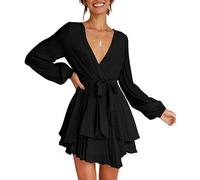 Vestido de Mujer Manga Larga Mini Vestidos con Cuello en V Profundo Casual Vestido Corto Volantes Playa Bodycon Dress Elegante con Cintura