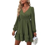 Vestido de Mujer Manga Larga Vestidos Midi con Cuello en V Casual Dress Elegante Bodycon Playa con Dobladillo Volantes Vestidos Playa Fiesta