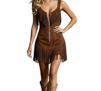 Vestido de mujer occidental sexy sin mangas con cierre de cremallera, vestido con flecos de verano corto a la moda vestidos bodycon vintage para conciertos campesinos vacaciones fiesta, A marrón., XXL