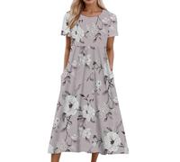 Vestido de mujer plisado básico de cuello redondo 2024 de manga corta midi suelto para uso diario clásico con bolsillo, gris, M