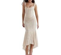 Vestido de Mujer Sexy con Escote en U, Camisola, Falda Larga Tipo Cola de pez, sin Mangas, con Fruncido en la Cola de pez y Falda Larga de Encaje. (White,XS)