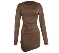 Vestido de mujer sexy entallado color sólido caderas manga larga cuello redondo cordón corte cerca del cuerpo estilo audaz vestido corto de noche para fiesta, café, S