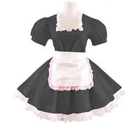 Vestido de mujer Sissy de manga corta vestido de una línea de cuello cuadrado vestido de sirvienta plisado con delantal, disfraz de cosplay de talla grande