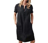 Vestido de Mujer Verano, Elegante de Lino Algodón Casuales Manga Corta Vestido Midi Vestido Flojo Cuello En V Vestidos Holgado Talla Grandes Vestido de Fiesta para Bodas