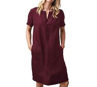 Vestido de Mujer Verano, Elegante de Lino Algodón Casuales Manga Corta Vestido Midi Vestido Flojo Cuello En V Vestidos Holgado Talla Grandes Vestido de Fiesta para Bodas