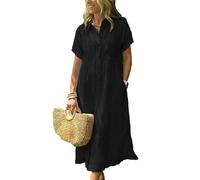Vestido de Mujer Vestido Camisero a Rayas Boho Abotonado Abertura Lateral Suelto Vestido de algodón Largo Medio Largo con Bolsillos,Negro,S