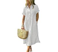 Vestido de Mujer Vestido Camisero a Rayas Boho Abotonado Abertura Lateral Suelto Vestido de algodón Largo Medio Largo con Bolsillos,Blanca,S