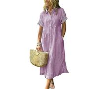 Vestido de Mujer Vestido Camisero a Rayas Boho Abotonado Abertura Lateral Suelto Vestido de algodón Largo Medio Largo con Bolsillos,Púrpura,S