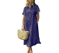 Vestido de Mujer Vestido Camisero a Rayas Boho Abotonado Abertura Lateral Suelto Vestido de algodón Largo Medio Largo con Bolsillos,Dark Blue,S