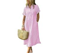 Vestido de Mujer Vestido Camisero a Rayas Boho Abotonado Abertura Lateral Suelto Vestido de algodón Largo Medio Largo con Bolsillos,Rosado,S