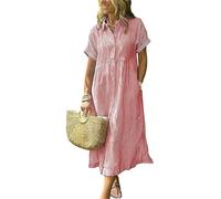 Vestido de Mujer Vestido Camisero a Rayas Boho Abotonado Abertura Lateral Suelto Vestido de algodón Largo Medio Largo con Bolsillos,Rojo,S