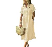 Vestido de Mujer Vestido Camisero a Rayas Boho Abotonado Abertura Lateral Suelto Vestido de algodón Largo Medio Largo con Bolsillos,Amarillo,S