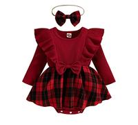 Vestido de Navidad Bebé Niña Recién Nacida Vestido Navideño de Manga Larga con Volantes Top Mono Mameluco Acanalado con Falda a Cuadrados y Bowknot para Niña Pequeña (Rojo, 12-18 Months)