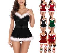 Vestido de Navidad de terciopelo para mujer con escote en V, lencería de Santa en rojo, ajustado, conjunto de Navidad con liguero y tirantes ajustables, vestido festivo para Nochebuena y carnaval, 2