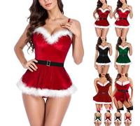 Vestido de Navidad de terciopelo para mujer con escote en V, lencería de Santa en rojo, conjunto festivo con liguero y tirantes ajustables, vestido de fiesta para Navidad y carnaval, 8-rojo, S