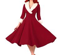 Vestido de Navidad para mujer con cuello de felpa, elegante vestido de noche, disfraz de Navidad, vestido plisado, largo hasta la rodilla, vestido de cóctel, vestido de invierno para Nochevieja