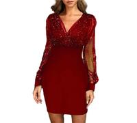Vestido de Navidad para mujer, de malla, manga larga, cintura con vuelo, vestido corto con cuello en V, vestido de club para adolescentes, vestido retro entallado, elegante, cóctel de noche, rosso