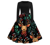 Vestido de Navidad para mujer, estilo vintage Audrey Hepburn, estampado de copos y corte A-Line acampanado, cinturón incluido para cóctel elegante, caqui, XXL