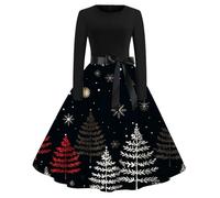 Vestido de Navidad para mujer, estilo vintage Audrey Hepburn, estampado de copos y corte A-Line acampanado, cinturón incluido para cóctel elegante, Le Noir, M