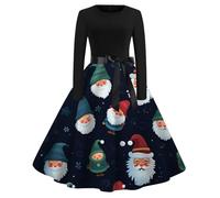 Vestido de Navidad para mujer, estilo vintage Audrey Hepburn, estampado de copos y corte A-Line acampanado, cinturón incluido para cóctel elegante, rojo, L