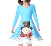 Vestido de Navidad para niña, vestido de princesa de manga larga para niños y niñas, diseño de árbol de Navidad, ciervo, estampado (Light Blue, 6-7 años)