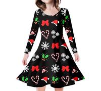 Vestido de Navidad para niña, vestido de princesa de manga larga para niños y niñas, diseño de árbol de Navidad, ciervo, estampado (negro, 10-13 años)