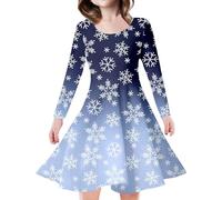 Vestido de Navidad para niña, vestido de princesa de manga larga para niños y niñas, diseño de árbol de Navidad, ciervo, estampado (Sky Blue, 10-13 años)