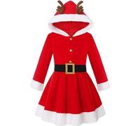 Vestido de Navidad para niños, vestido de terciopelo para niña, manga larga, cuello redondo, vestido con capucha, bonito vestido de festival + botón + cinturón para carnaval de Navidad, 3-10 años
