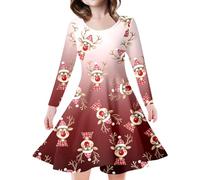 Vestido de Navidad, vestido de princesa de manga larga para niños y niñas, diseño de árbol de Navidad, ciervo, estampado (6-7 años)