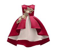 Vestido de niña con bordado de rosas con hombros descubiertos para ocasiones festivas y momentos especiales de tres a diez años, Vino, 6-7 años