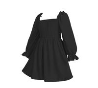 Vestido de niña con cuello cuadrado y mangas, fruncido, vestido de swing grande, cintura alta, encaje, falda corta para niña patinadora, Negro , 5-6 años