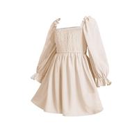 Vestido de niña con cuello cuadrado y mangas, vestido de swing grande fruncido, cintura alta, encaje, falda corta, beige, 7-8 años