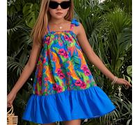 Vestido de niña con tirantes y , estampado de plantas patchwork tejido, conjunto y moderno. Adecuado para al , regalo para niñas, moda deportiva, estilo vacacional.