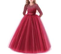 Vestido de niña de Flores para la Boda Princesa Largo Manga Vestidos de Dama De Honor Fiesta Tul Comunión Cumpleaños Bola Pageant Paseo Baile Maxi Cóctel Fotografía Vestir borgoña 7-8 Años