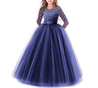 Vestido de niña de Flores para la Boda Princesa Largo Manga Vestidos de Dama De Honor Fiesta Tul Comunión Cumpleaños Bola Pageant Paseo Baile Maxi Cóctel Fotografía Vestir Azul Marino 13-14 Años