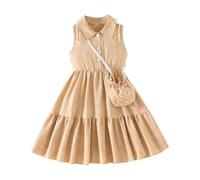 Vestido de niña dulce de color sólido sin mangas de encaje para niñas, caqui, 4-5 años