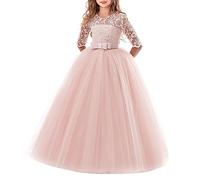 Vestido de Niña, Encaje, Manga Larga, Desfile de Princesa, Pajarita, Color, Vestido Rosa
