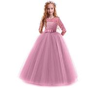 Vestido de Niña Flor de Encaje Manga 3/4 Tul Princesa Maxi Vestido Largo Dama de Honor de la Boda Fiesta de Cumpleaños Comunión Noche Paseo Baile Cóctel Vestidos de Gala Rosa Empolvado 11-12 Años