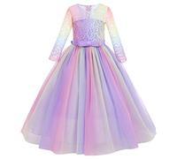 Vestido de Niña Flor de Encaje Manga 3/4 Tul Princesa Maxi Vestido Largo Dama de Honor de la Boda Fiesta de Cumpleaños Comunión Noche Paseo Baile Cóctel Vestidos de Gala Multicolor + Morado 9-10 Años