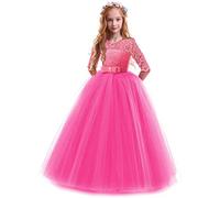 Vestido de Niña Flor de Encaje Manga 3/4 Tul Princesa Maxi Vestido Largo Dama de Honor de la Boda Fiesta de Cumpleaños Comunión Noche Paseo Baile Cóctel Vestidos de Gala Rosa Caliente 9-10 Años