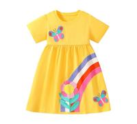 Vestido de niña genérico 2026 con estampado de girasol arco iris de manga corta informal para niños de 1 a 7 años, juego diario de picnic, amarillo, 3-4 Años