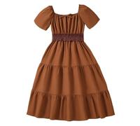 Vestido de niña medianos y grandes vestido infantil escote cuadrado manga corta cintura falda A línea vestido casual bikini niña, café, 10-11 años