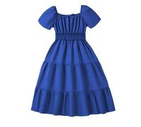 Vestido de niña medianos y grandes vestido infantil escote cuadrado manga corta cintura falda A línea vestido casual bikini niña, azul, 10-11 años