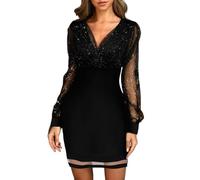 Vestido de noche brillante para mujer, mini vestido con cuello en V, mangas largas para glamoroso, estilo casual, vestidos de sol para mujer, vestidos largos para mujer, plata, XL