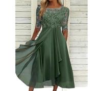 Vestido de Noche de Dama de Honor de Primavera y Verano Europeo y Americano Vestido de Gasa Hueco de Manga Media con Encaje-No. 2 Colores Verde-S