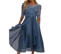 Vestido de Noche de Dama de Honor de Primavera y Verano Europeo y Americano Vestido de Gasa Hueco de Manga Media con Encaje-No. 2 Colores Azul-S