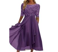 WEITING Vestido de Noche de Dama de Honor de Primavera y Verano Europeo y Americano Vestido de Gasa Hueco de Manga Media de Encaje-Púrpura-XL