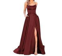 Vestido de Noche Elegante para Mujer, Largo Sin Espalda Descubierta, Satén, Espaguetis de Fiesta, Graduación, Festivo Rojo Vino