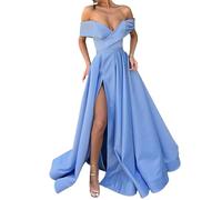 Vestido de Noche Formal de satén para Mujer, Escote en V, Vestido Fiesta sin Mangas con Abertura Alta, Largo para invitada Boda, Elegante Azul, Talla M